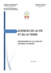 Programme SVT Seconde Litt&eacute;raire Togo 2024