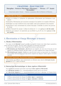 Chapitre &Eacute;lectricit&eacute; 1&egrave;re Ann&eacute;e Secondaire Sciences Physiques