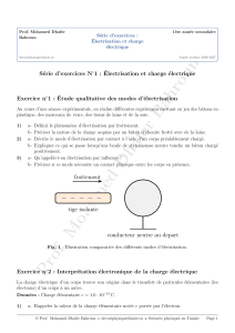 S&eacute;rie d&rsquo;exercices &Eacute;lectrisation et charge &eacute;lectrique 1&egrave;re ann&eacute;e secondaire