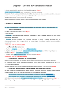 Chapitre 1 : Diversit&eacute; du Vivant et Classification