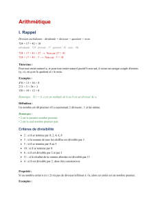 Cours d'Arithm&eacute;tique : Division Euclidienne, Nombres Premiers, PGCD